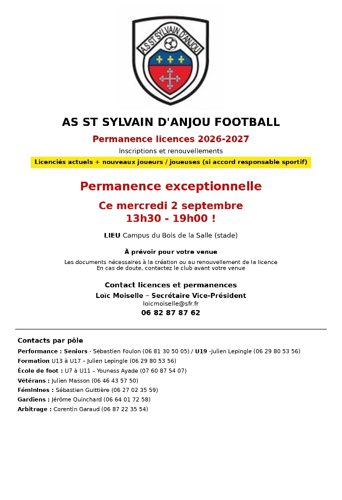 PERMAMENCE LICENCES le MERCREDI 2 SEPTEMBRE 📣