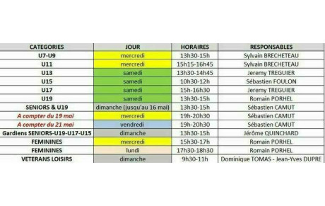 PLANNING ENTRAINEMENTS à compter du 19 MAI 