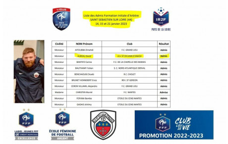 Bravo David admis suite à la formation initiale d'arbitre !