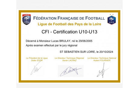 CFI  U10 U13 obtenue pour Lucas 👏